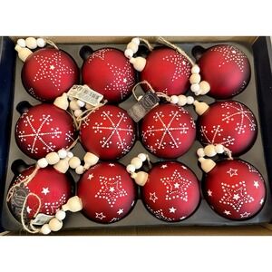 Decoris Red Glass Christmas Ornaments 3" Wooden Bead Hangers Set of 12 / 24